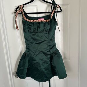 Dark Green Floral-Trim Satin Dress